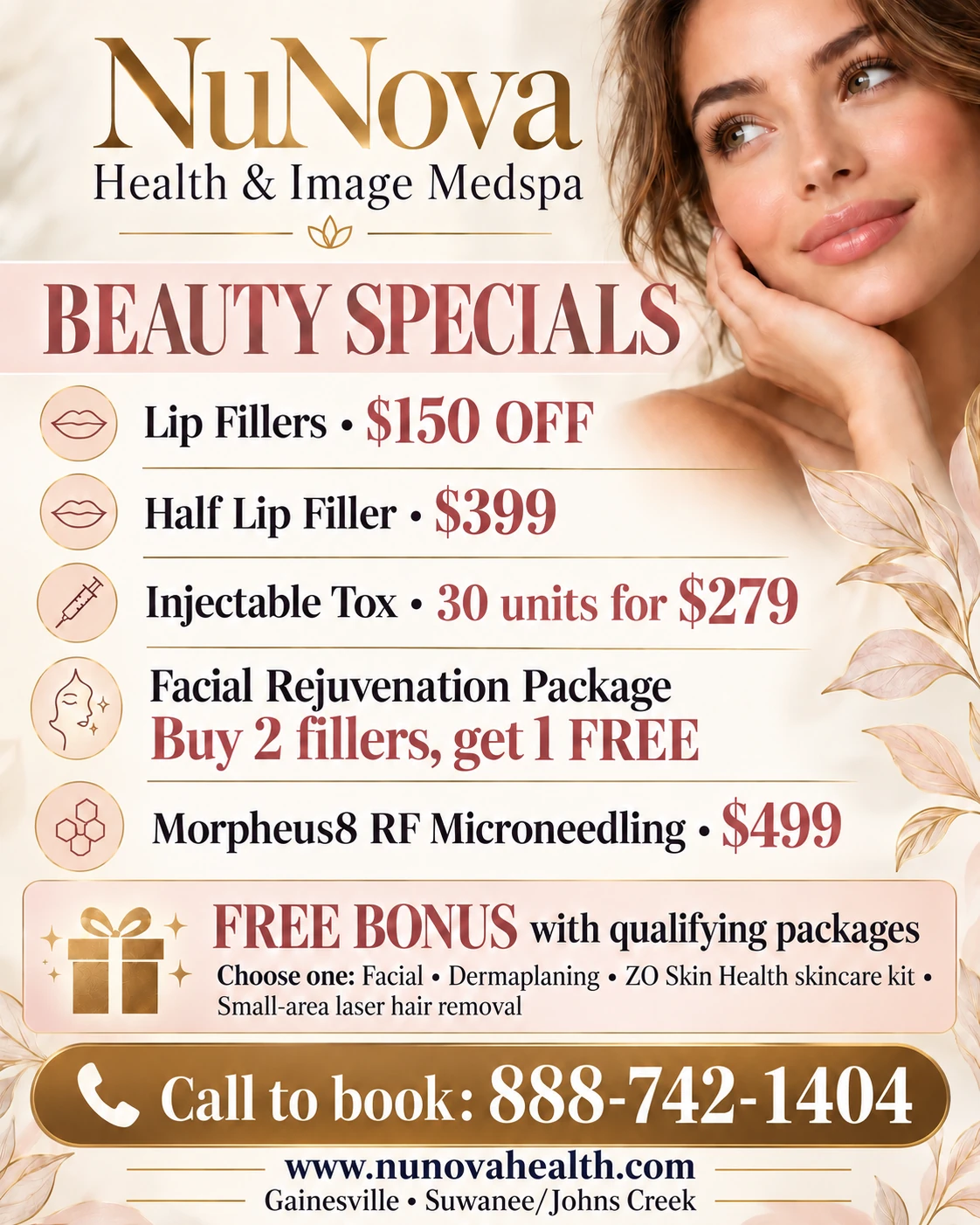 NuNova Beauty Specials flyer showing lip filler, injectable tox, facial rejuvenation, RF microneedling, free bonus options and booking phone number